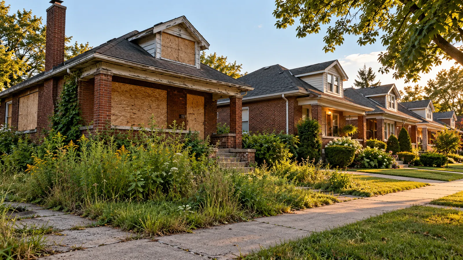 A vacant but solid brick bungalow with boarded windows and an overgrown yard on a street of occupied, well-kept homes, late summer