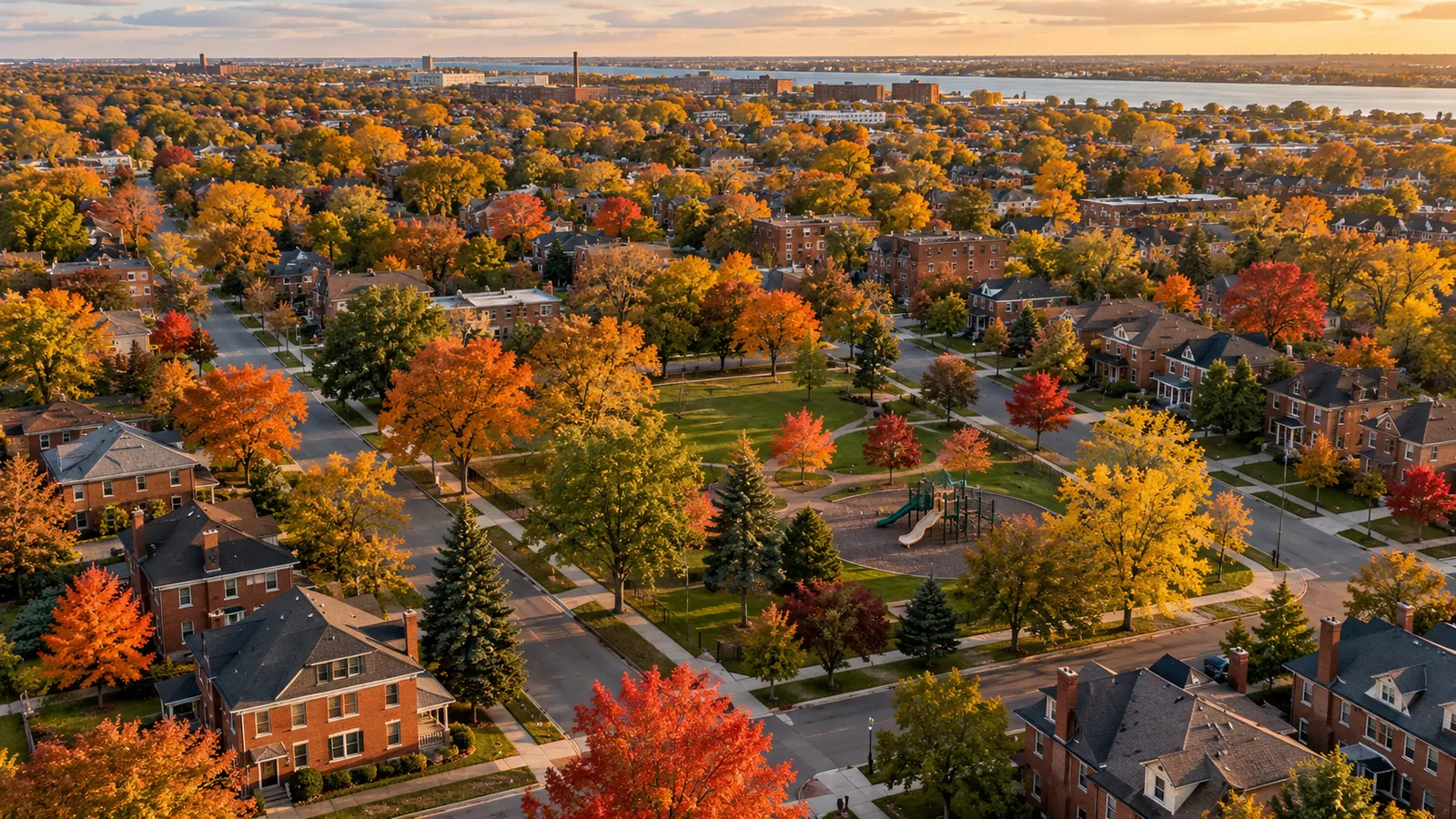 An aerial view over a Detroit neighborhood grid of tree-lined streets and rooftops in fall colors, a small park with a playground in the middle
