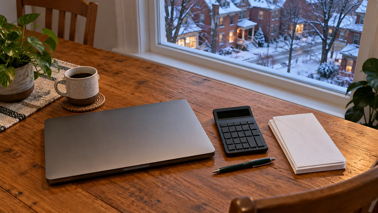 A simple wooden kitchen table with a closed laptop, a calculator, a pen and a neat stack of blank envelopes, a winter window behind
