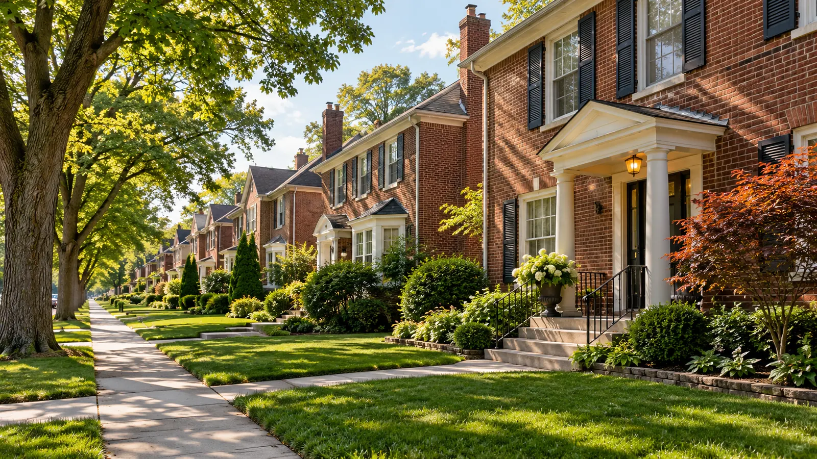 A row of well-kept brick colonial homes with small front lawns and shade trees on a sunny afternoon, seen along the sidewalk