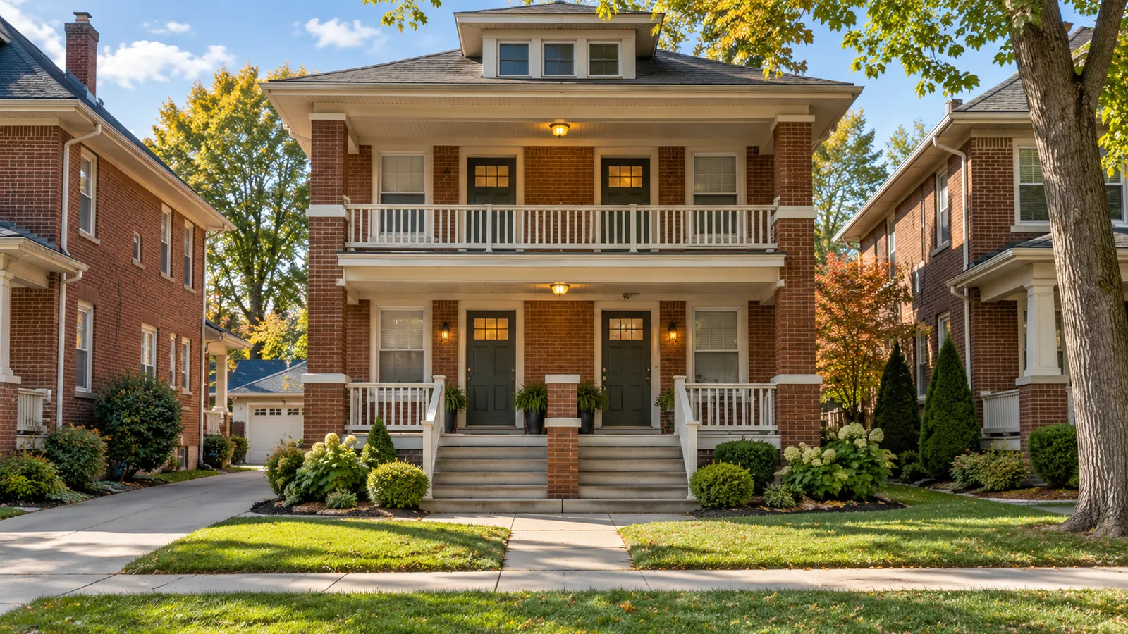A tidy brick two-family flat with separate upper and lower front doors and a freshly painted porch, a closed mailbox, bright morning