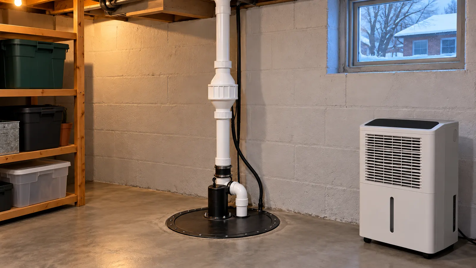 A clean, dry finished basement corner with a sump pump pit, a white backflow valve on the drain line and a dehumidifier, concrete floor