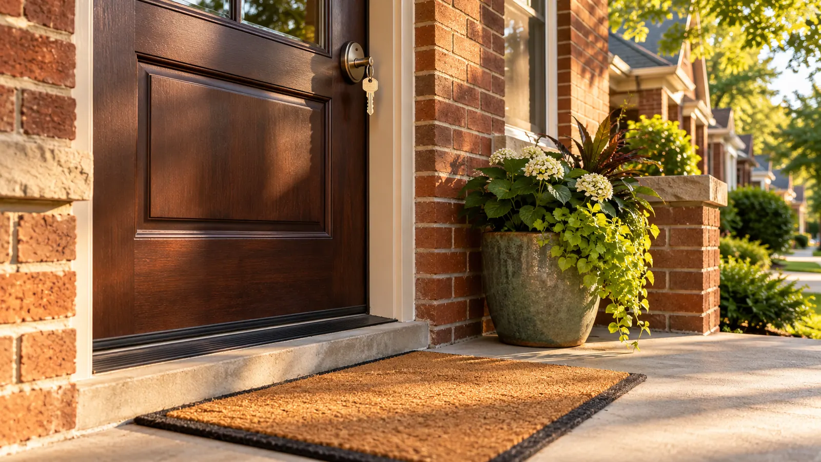 A front door of a brick house with a new doormat and a potted plant on the step, a key in the lock, warm afternoon light