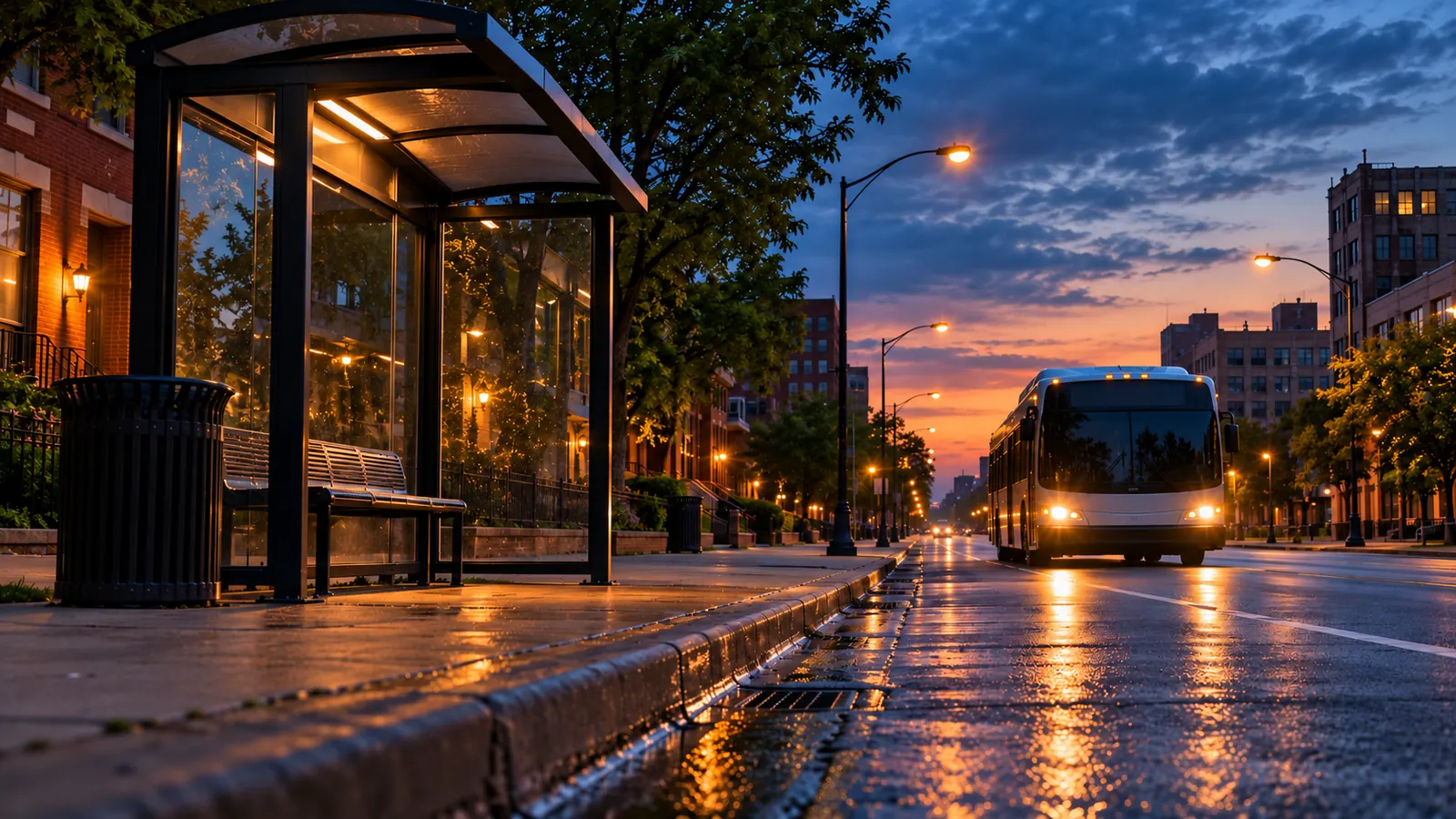 An empty city bus shelter on a wide avenue at blue hour with a bus approaching in the distance, headlights on, no route numbers or signs readable