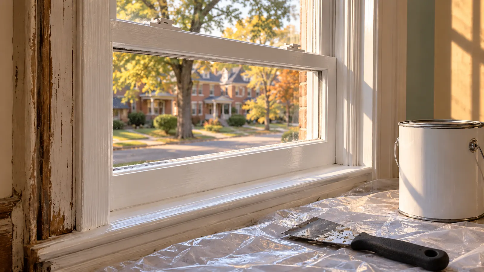 Close-up of an old wooden double-hung window being restored
