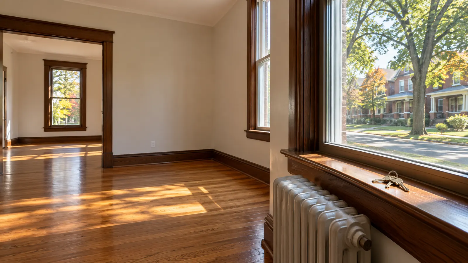 An empty, clean apartment living room with hardwood floors, bare walls and a radiator under a tall window, a single set of keys on the windowsill