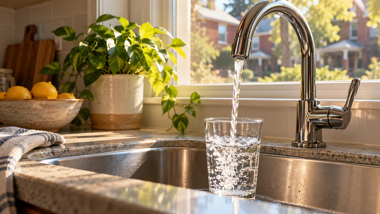 A clean kitchen sink with a chrome faucet running a thin stream of water into a glass, morning light from a window above
